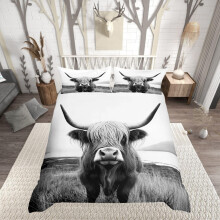 Homewish White Highland Cow Super King Size Duvet Cover Set - Rustic Scandinavian Style Minimalist Bedding Woodland Cabin Decor