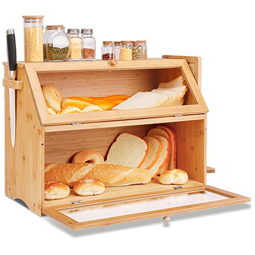 Large Bamboo Bread Bin 2 Tier Breadbox Kitchen 19.7"x9.8"x14.5" Natural 1