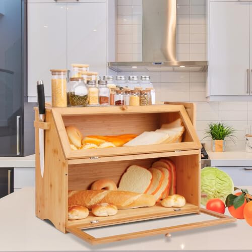 Large Bamboo Bread Bin 2 Tier Breadbox Kitchen 19.7"x9.8"x14.5" Natural 2