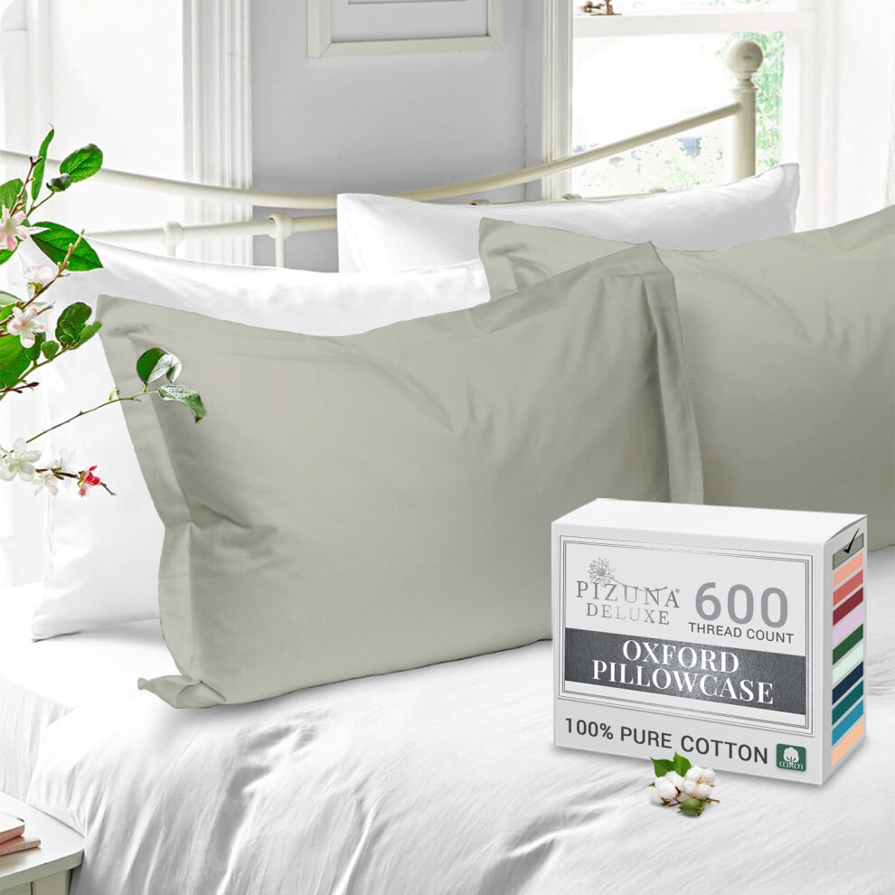 Pizuna Pure Cotton King Size Oxford Pillowcases 2Pc Silver 600 Thread Count | 2 Pack, 50X90cm - Image 2