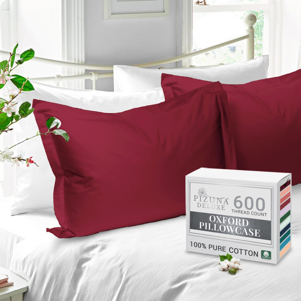 Pizuna Pure Cotton Standard Pillowcases 2 Pack Rio Red 50x75cm, 600 Thread Count Long Staple Combed Cotton Crisp Pillow Cover, Soft Sateen Oxford Pillow Cases (Cooling Pillowcase) - Image 2