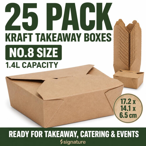 Signature Recyclable Kraft Takeaway Boxes No.8, 25 Pack, Rectangular 1