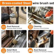 10PCS Wire Brush Set for Drill, Brass Coated Crimped Wheel Rust Removal Paint Stripping 1/4" Shank