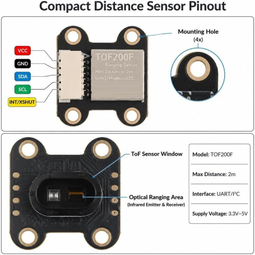 TOF200F LaserDistance Sensor Module, Infrared Ranging Board for Robot Obstacle Detection and DIY Measuring Projects 2