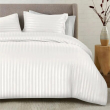 (White, Double) 3 Pc Satin Stripe Duvet Quilt Cover Set with Pillowcase Anti-Allergy Machine Washable Reversible Ultra Soft Hypoallergen