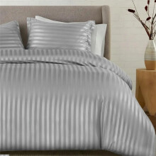 (Silver, Single) 3 Pc Satin Stripe Duvet Quilt Cover Set with Pillowcase Anti-Allergy Machine Washable Reversible Ultra Soft Hypoallergen