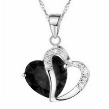 (Black) Heart Crystal Double Adjustable Pendant Necklace Women Silver Love Tone Necklace
