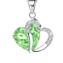(Green) Heart Crystal Double Adjustable Pendant Necklace Women Silver Love Tone Necklace