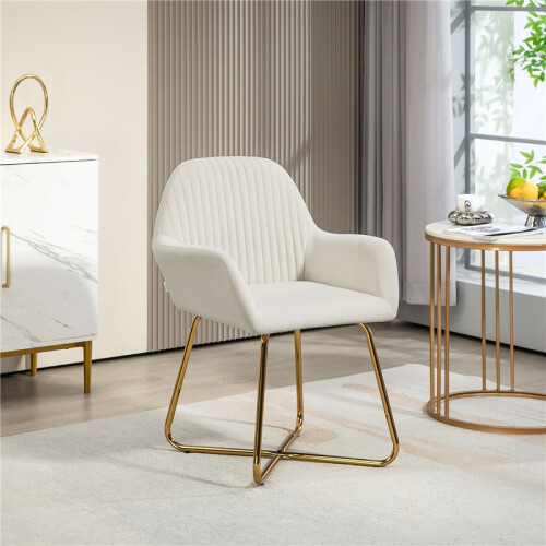 (Cream, Polyester) Modern Cream Upholstered Armchair with Metal Base 2