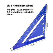 (Blue Metric System)7inch Triangle Ruler Aluminium Alloy Inch Metric Angle Ruler Measurement Tool