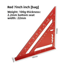 (Red English System)7inch Triangle Ruler Aluminium Alloy Inch Metric Angle Ruler Measurement Tool