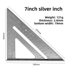 (Silver Metric System)7inch Triangle Ruler Aluminium Alloy Inch Metric Angle Ruler Measurement Tool