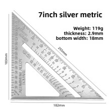 (Silver English System)7inch Triangle Ruler Aluminium Alloy Inch Metric Angle Ruler Measurement Tool