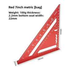 (Red Metric System)7inch Triangle Ruler Aluminium Alloy Inch Metric Angle Ruler Measurement Tool