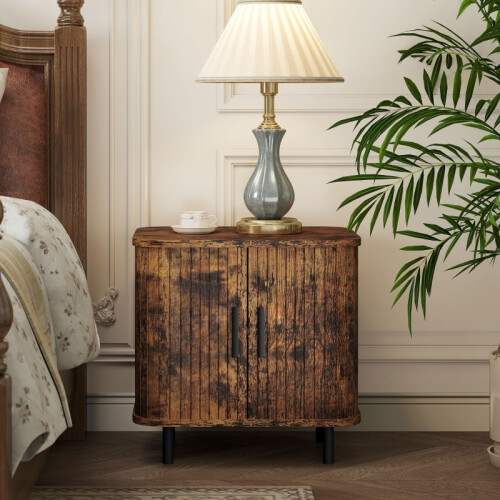 (Rustic Brown, Engineered Wood) Nordic Bedside Table with Sliding Doors 1