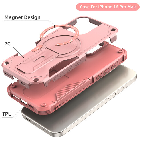 (iPhone 16 Pro Max, Rosa) iPhone Hülle stoßfest mit Ständer und Magnetring 1