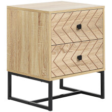 Bedside Table Nightstand Two-Drawer Bedroom Storage Unit Zig Zag Design with Black Metal Handles, Natural