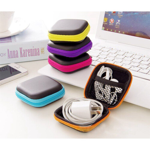 (yellow,7.5*7.5*2.5cm)Charger Data Cable Storage Bag Mini Portable Antipressure Headset Square Box Storage 1