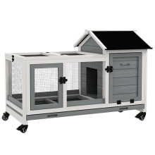 Wooden Rabbit Hutch, Guinea Pig Cage, with Removable Tray, Wheels - Grey