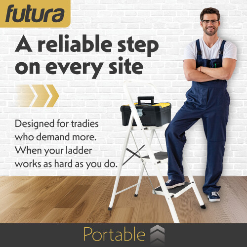 (3 Step White) Futura Step Ladder Folding Step Stool Heavy Duty 150Kg Capacity 2
