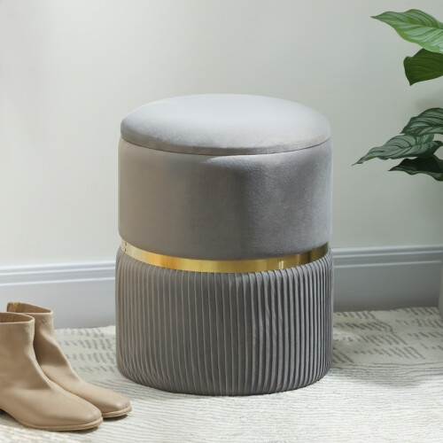 (LIGHT GREY, Polyester) Velvet-Finish Storage Ottoman - Light Grey 1