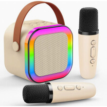 ATOPDREAM Children's Karaoke Machine, with Two Microphones, Bluetooth (5.0) Toy Speaker, and RGB Controllable Lights (Beige)