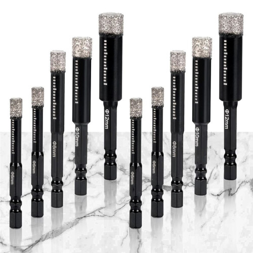 10-Pack Diamond Drill Bits Set, 1/4 5/16 3/8 1/2 Inch Diamond Hole Saw - 1/4 Hex Shank Core Drill Bits for Ceramic 1