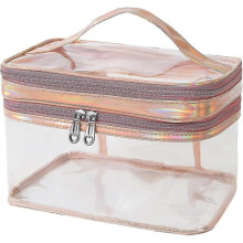 Clear Makeup Bag for Travel - Waterproof Cosmetic Organizer with Double Layer, Brush Slots & Premium Zipper