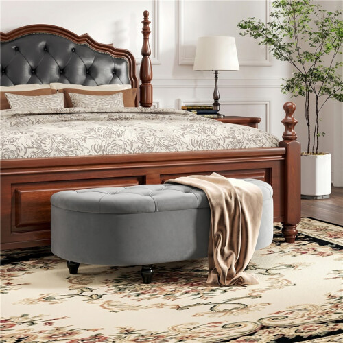 Velvet-Feel Half Circle Storage Ottoman - Dark Grey 2