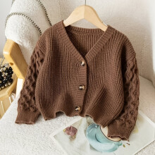 (4-5Y) Brauner, schulterfreier Pullover-Cardigan für Mädchen mit V-Ausschnitt, einfach und vielseitig, warm und bequem, geeignet für