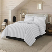 (White, Double) PROLONGED BLACK FRIDAY | 100% Egyptian Stripe Duvet Quilt Cover Set - Super king Bedding Set