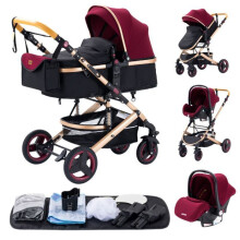 Carrozzina combinata trio 3 in 1-ALYIKOU-per 0-3 anni-sedile auto-Posizione sdraiata-borsa per bambini-Rosso