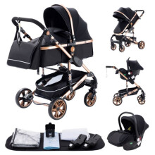 Carrozzina 3 in 1 - ALYIKOU - Convertibile - Piegatura facile - Ruote ammortizzate - Nero e oro