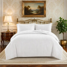 (White, Single (135 x 200 cm)) 4PCS Satin Stripe Duvet Cover Set with 26cm Deep Fitted Sheet – Luxury Soft Bedding Set with