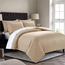 (Brown, Double (200 x 200 cm)) 4PCS Satin Stripe Duvet Cover Set with 26cm Deep Fitted Sheet – Luxury Soft Bedding Set with