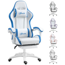 Computer Gaming Chair, Footrest, Swivel Wheels, 135 Reclining Back, Lumbar Support, Headrest for Home, White and Blue