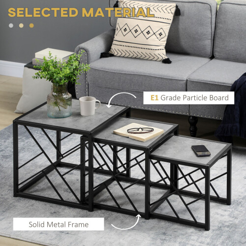 Homcom Set of 3 Nesting Coffee Tables Square Side Tables with Metal Frame, Grey 2