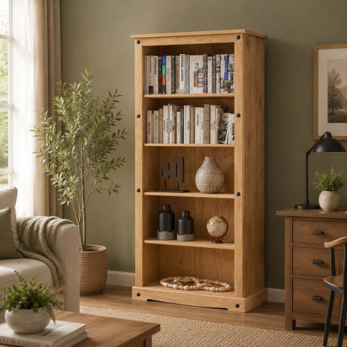 Corona Tall Bookcase Large Mexican Solid Pine Wood 5 Book Shelves 2
