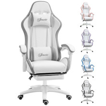 Computer Gaming Chair, Footrest, Swivel Wheels, 135 Reclining Back, Lumbar Support, Headrest for Home, White and Grey
