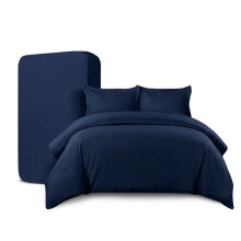 (Navy, Single (135 x 200cm)) Luxury 4Pc COMPLETE BEDDING SET - Plain Duvet Cover Set with Matching Pillowcases and Fitted Bed Sheet