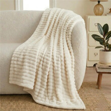 (Off White, Double: 150 × 200 cm) Luxury Faux Fur Ribbed Fleece Throw Blanket – Ultra Soft Warm Cosy Sofa & Bed Blanket