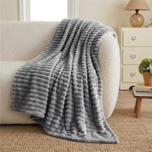 (Silver, Super King: 220 × 250 cm) Luxury Faux Fur Ribbed Fleece Throw Blanket – Ultra Soft Warm Cosy Sofa & Bed Blanket