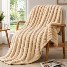 (Peach Cream, Double (150*200 CM)) King Size Ribbed Fleece Throw Blanket 200x240cm Super Soft Plush Fluffy Warm Bed Sofa Throw Machine