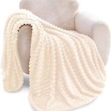 (Cream, Double 150×200cm) Super Soft Faux Fur Ribbed Fleece Throw Blanket - Winter Warm Double/King Size for Bed Sofa or Chair