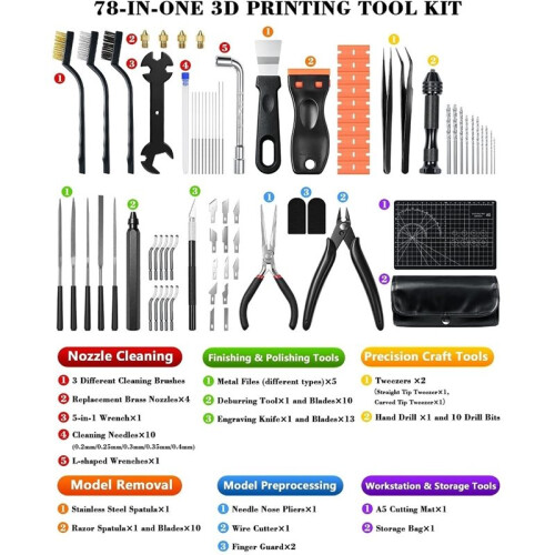 78Pcs 3D Printer Tools Kit with Storage Case for All Printers 3D Printer Accessories, Deburring Tool, Scrapers, Brushes 1