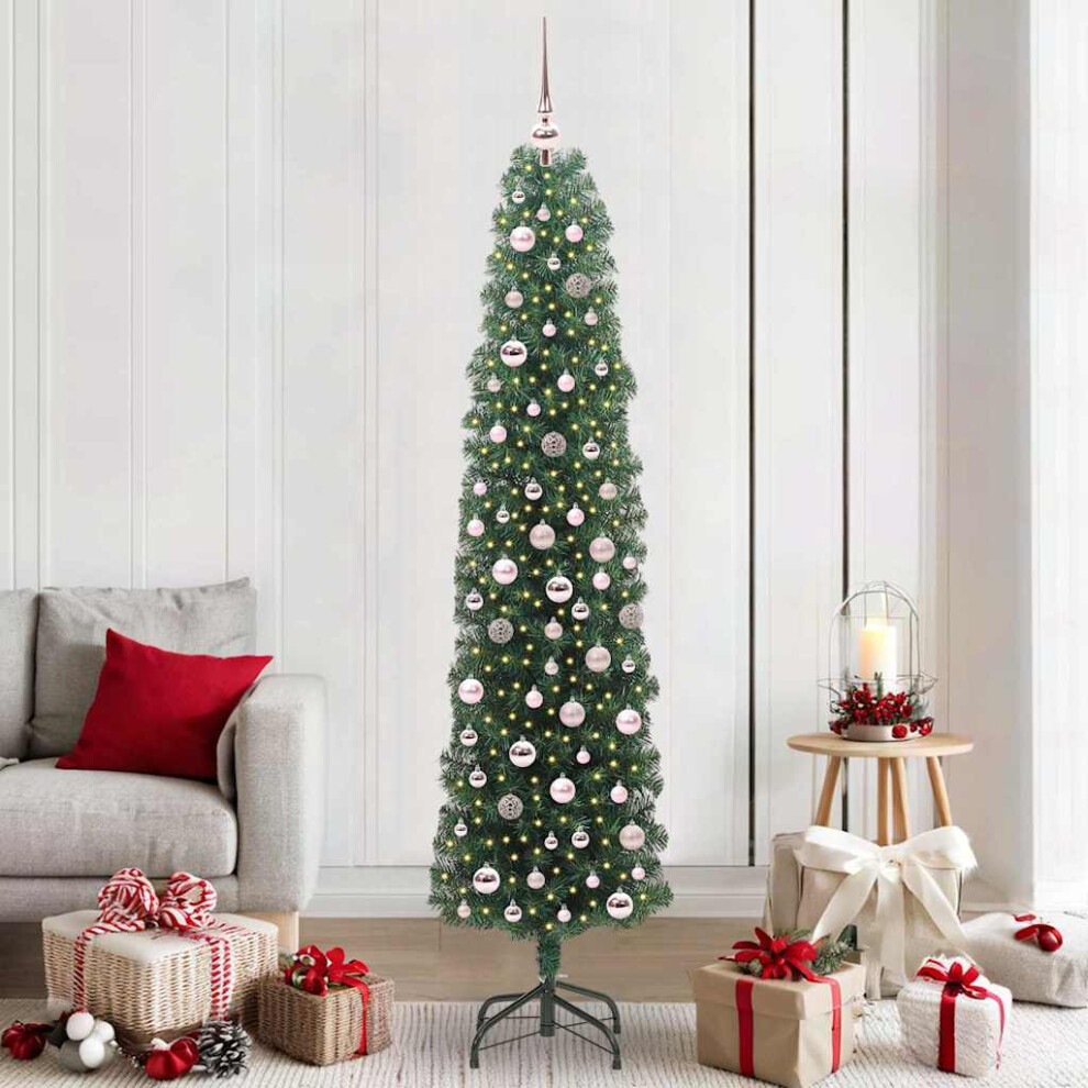 VIDAXL Artificial Christmas Tree with 300 LEDs and Pink Ornaments, 210 x 55 cm Green Decorative Tree for Indoor and Outdoor Holiday Displays - Image 2