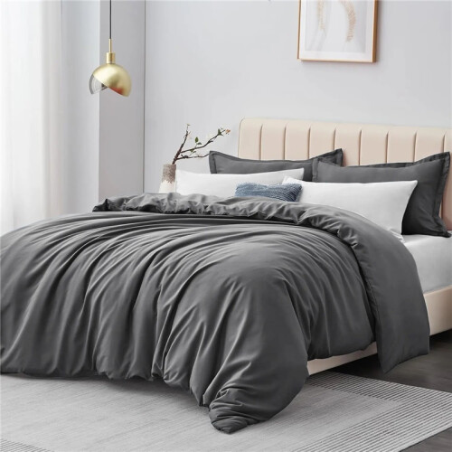 (Grey, Single) Premium Microfiber Duvet Cover Set – 3 Piece Solid Bedding Set with Matching Pillow Cases , Ultra Soft