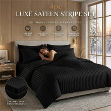 (Black, Single) 4PCS Reversible Striped Duvet Cover Set with Bed Sheet & Pillowcases – Soft Breathable Bedding Set