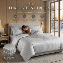 (Silver, King) 4PCS Reversible Striped Duvet Cover Set with Bed Sheet & Pillowcases – Soft Breathable Bedding Set
