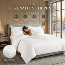 (White, Double) 4PCS Reversible Striped Duvet Cover Set with Bed Sheet & Pillowcases – Soft Breathable Bedding Set